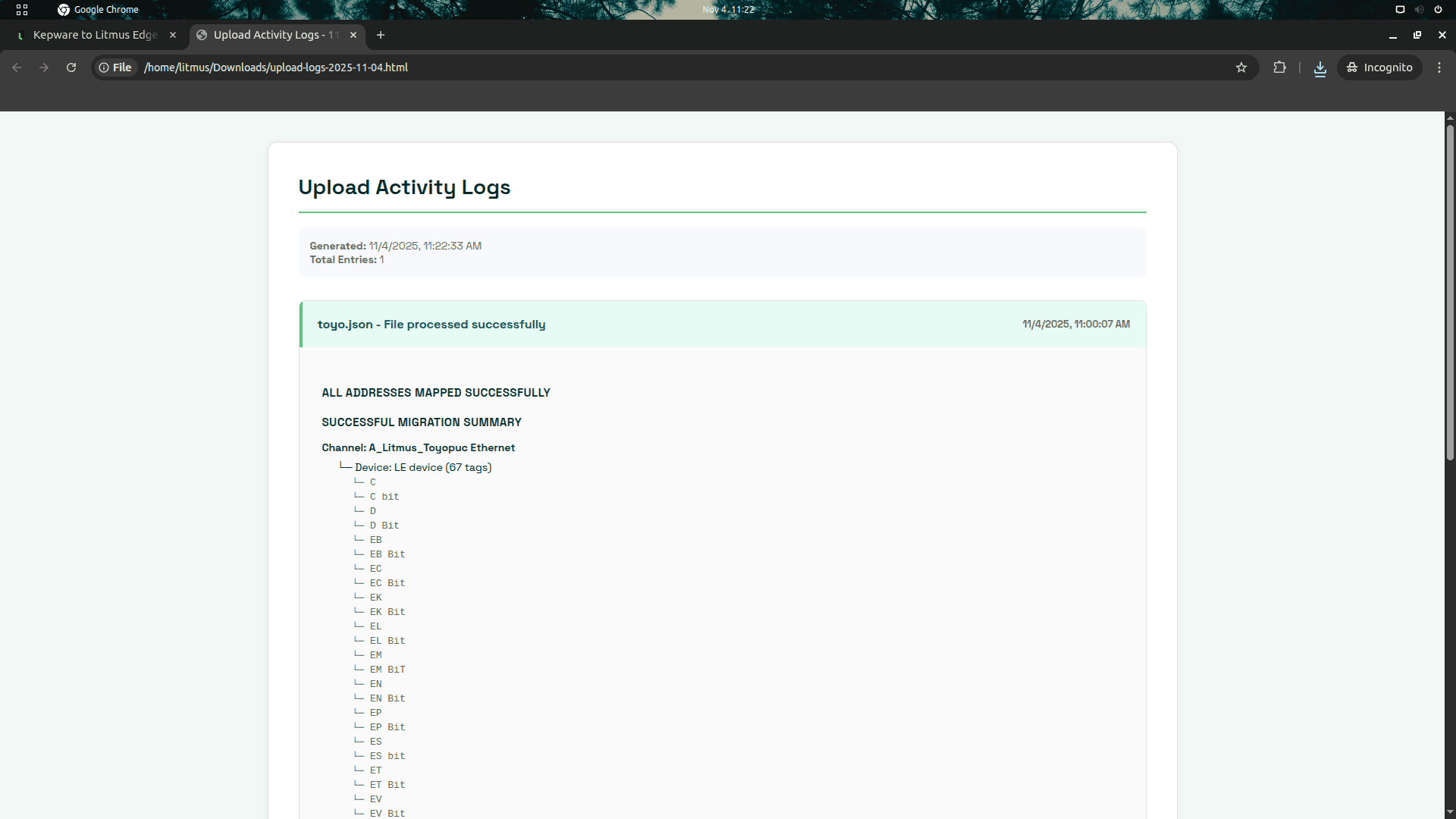 kepware migrator logs page