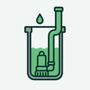 Collection System logo: a wet well with a submersible pump, water drop and rising main, a flat Litmus-green mark with dark teal outlines on a pale mint tile