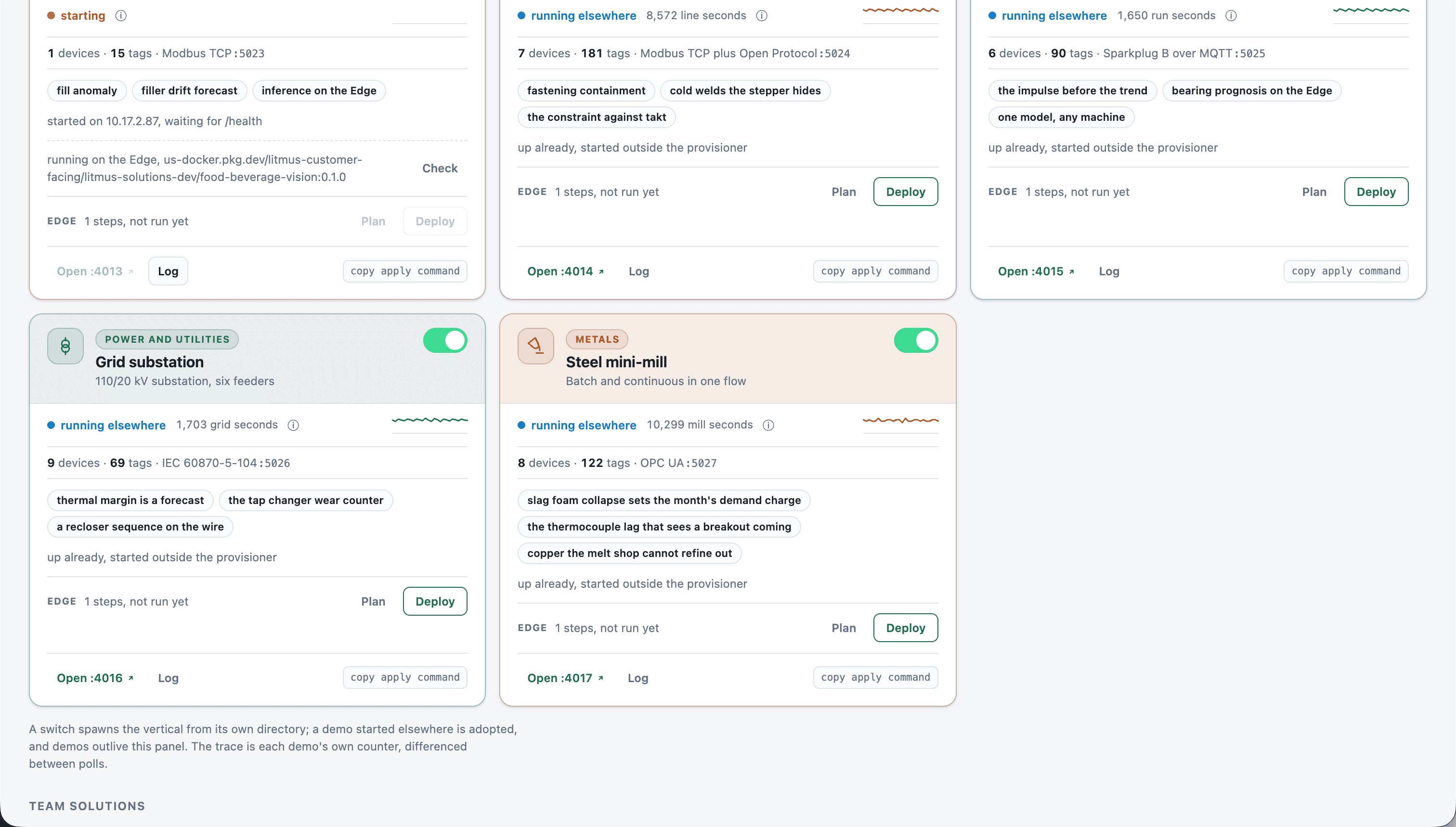 Provisioner cards for the remaining verticals: a demo already running elsewhere is adopted rather than restarted, with its container image, per-demo counter, log and copyable apply command