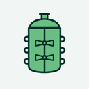 Bioreactor Suite logo: a stirred bioreactor vessel with impeller shaft and jacket coils, a flat Litmus-green mark with dark teal outlines on a pale mint tile