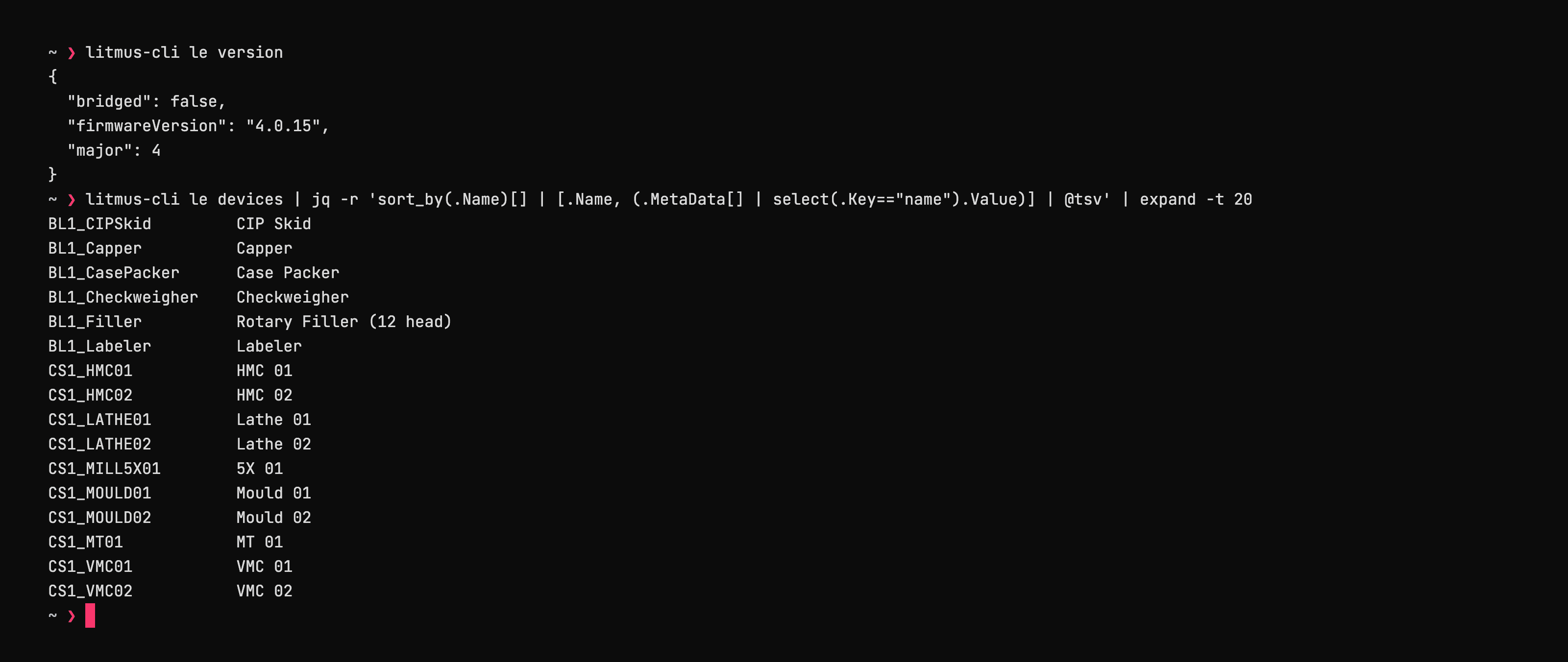 litmus-cli listing every DeviceHub device on a Litmus Edge