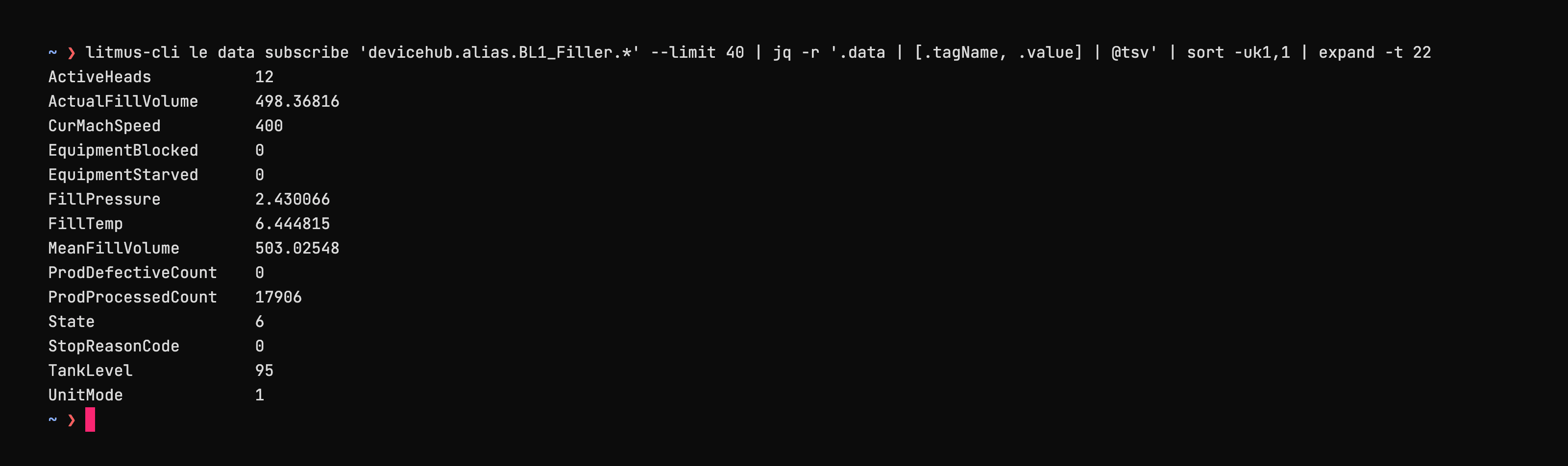 Live tag values from a rotary filler streamed over the DataHub broker